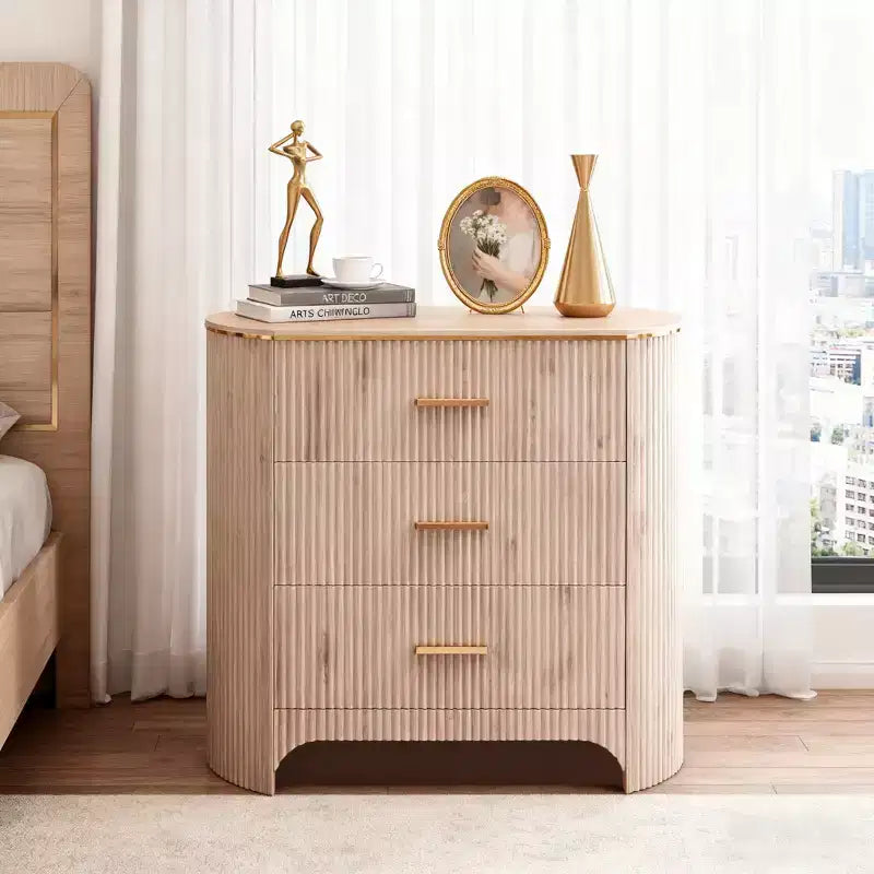 Fluted Nightstand with Charging Station, 31.7 Wide End Table with 3 Drawers, Wood Dresser for Bedroom, Night Stand for Living Room