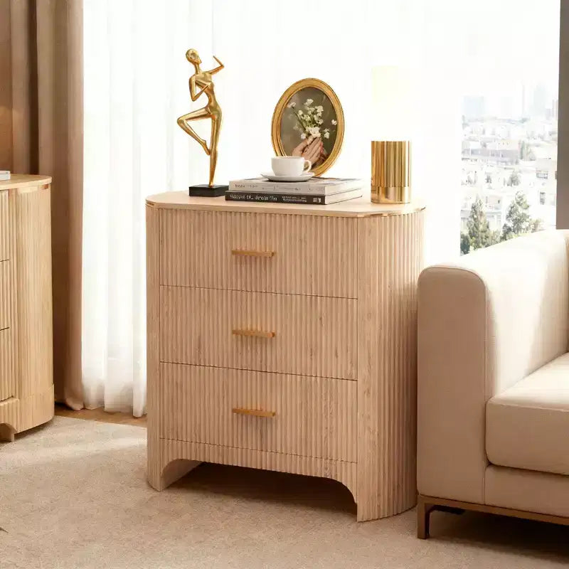 Fluted Nightstand with Charging Station, 31.7 Wide End Table with 3 Drawers, Wood Dresser for Bedroom, Night Stand for Living Room