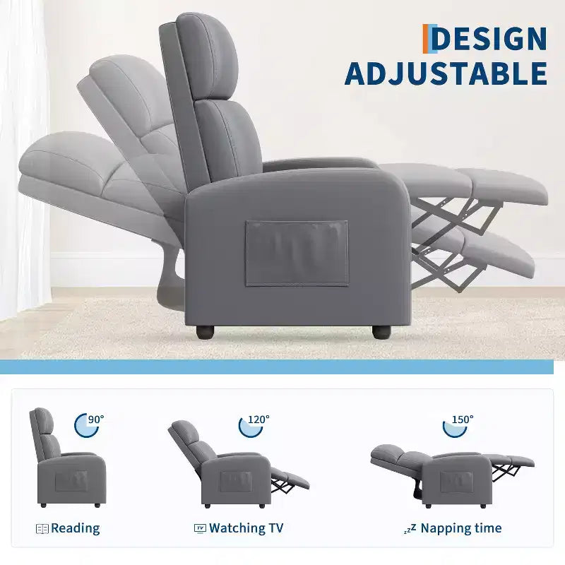 Recliner Chair for Adults, PU Leather Lazy Recliner Ergonomic Adjustable Single Sofa Enhanced with Side Pocket