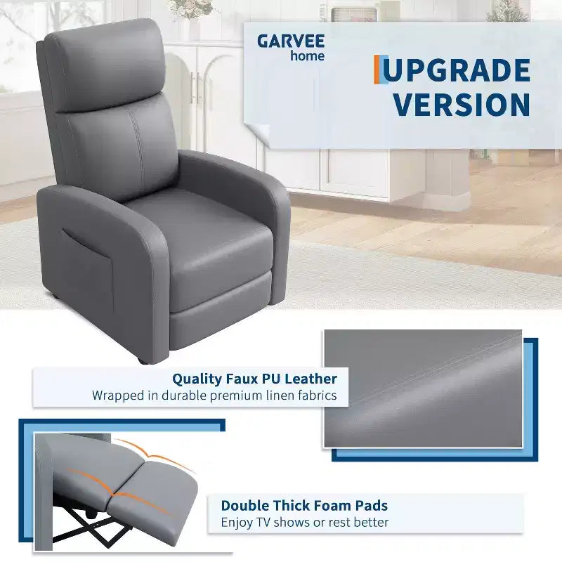 Recliner Chair for Adults, PU Leather Lazy Recliner Ergonomic Adjustable Single Sofa Enhanced with Side Pocket