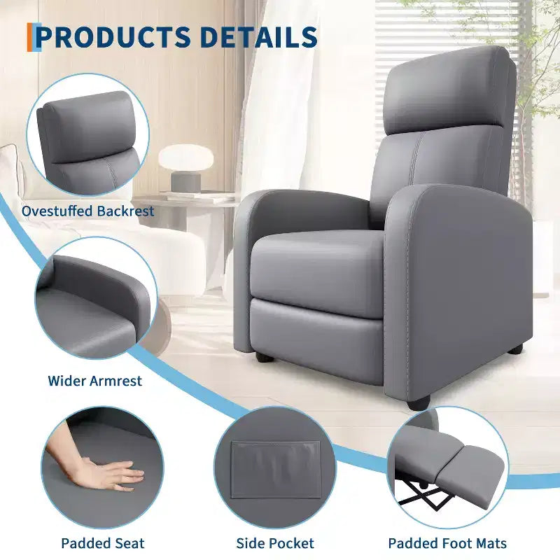 Recliner Chair for Adults, PU Leather Lazy Recliner Ergonomic Adjustable Single Sofa Enhanced with Side Pocket