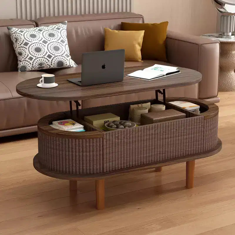 GDFStudio Tova Modern Fluted Lift Top Oval Coffee Table with Hidden Compartment