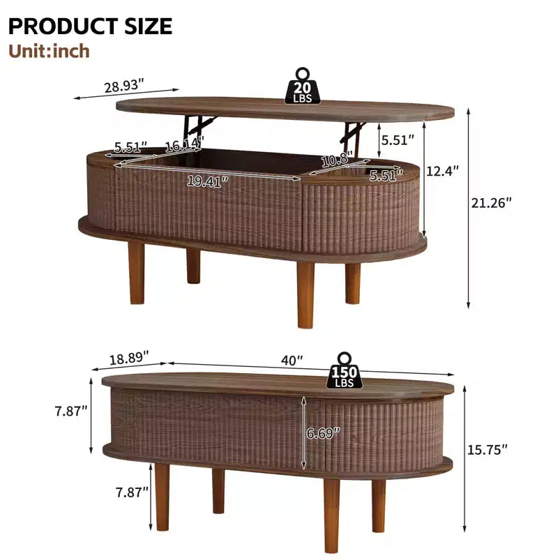 GDFStudio Tova Modern Fluted Lift Top Oval Coffee Table with Hidden Compartment