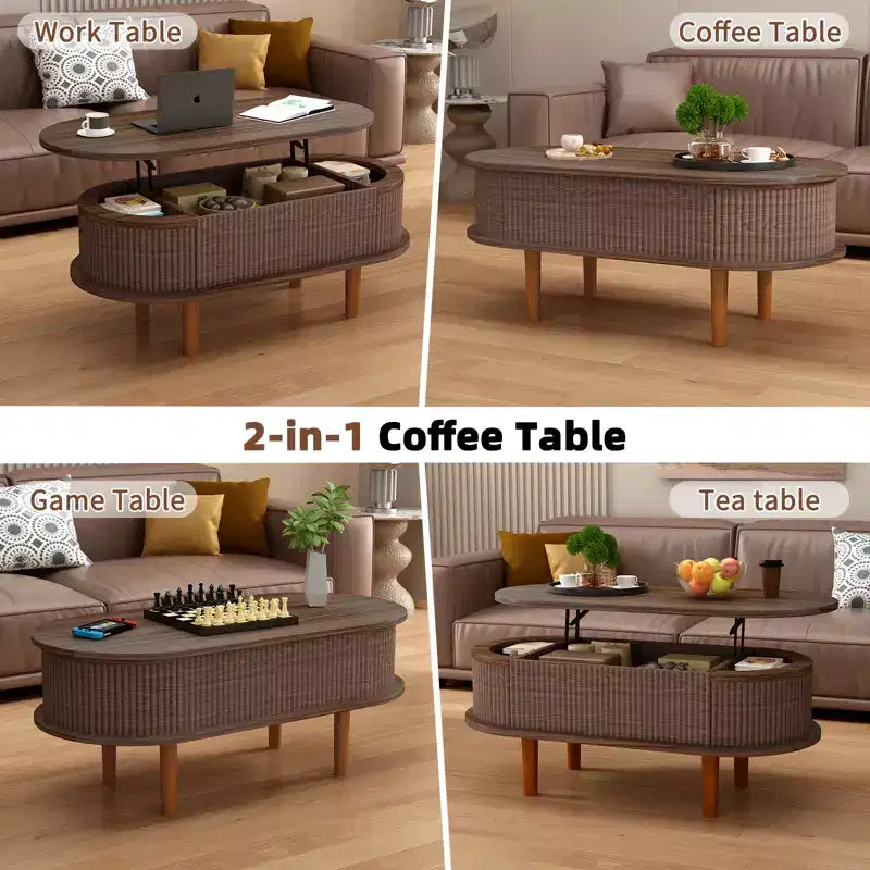 GDFStudio Tova Modern Fluted Lift Top Oval Coffee Table with Hidden Compartment