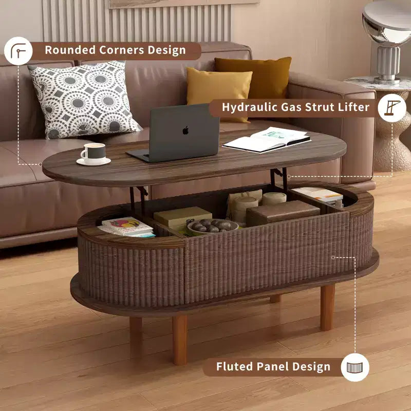 GDFStudio Tova Modern Fluted Lift Top Oval Coffee Table with Hidden Compartment