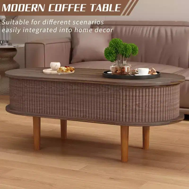GDFStudio Tova Modern Fluted Lift Top Oval Coffee Table with Hidden Compartment