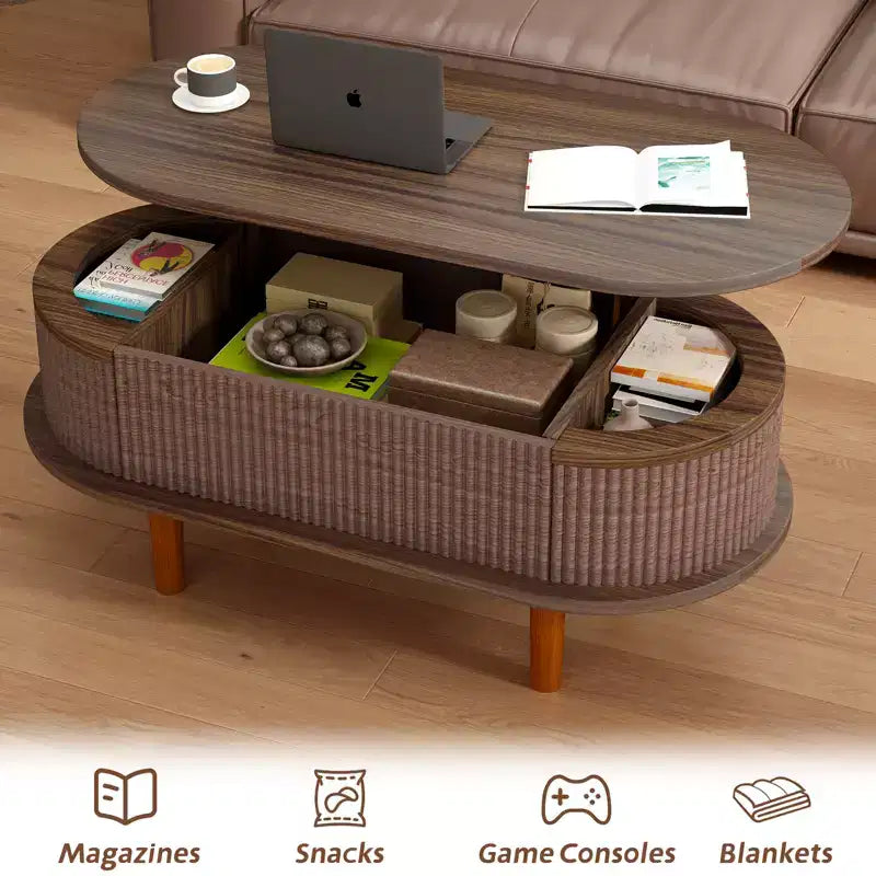 GDFStudio Tova Modern Fluted Lift Top Oval Coffee Table with Hidden Compartment