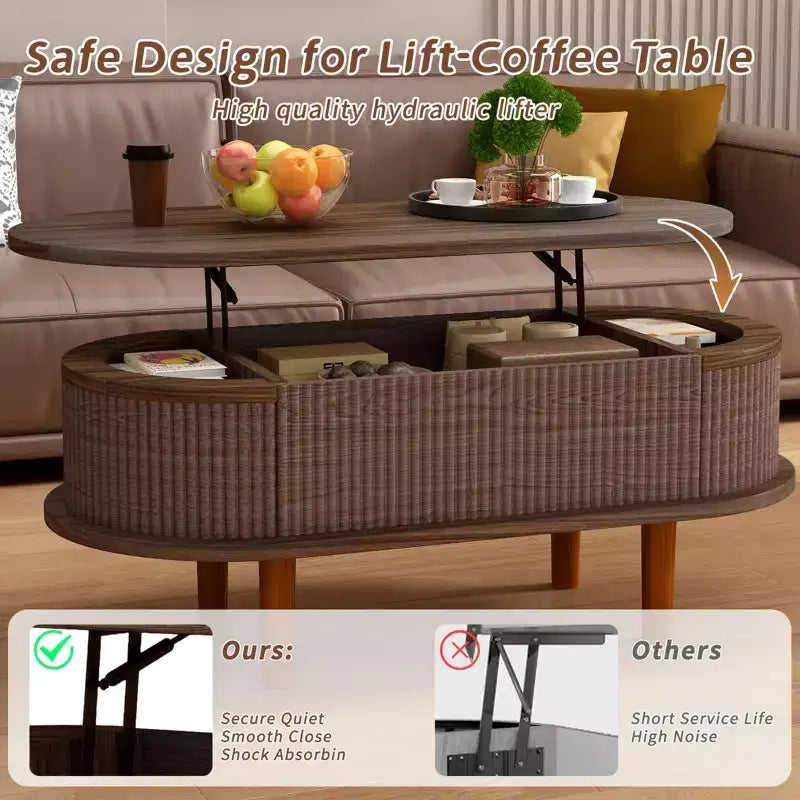 GDFStudio Tova Modern Fluted Lift Top Oval Coffee Table with Hidden Compartment