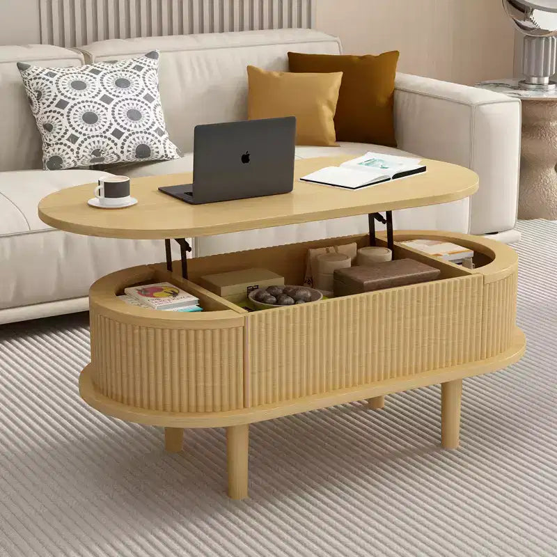 GDFStudio Tova Modern Fluted Lift Top Oval Coffee Table with Hidden Compartment