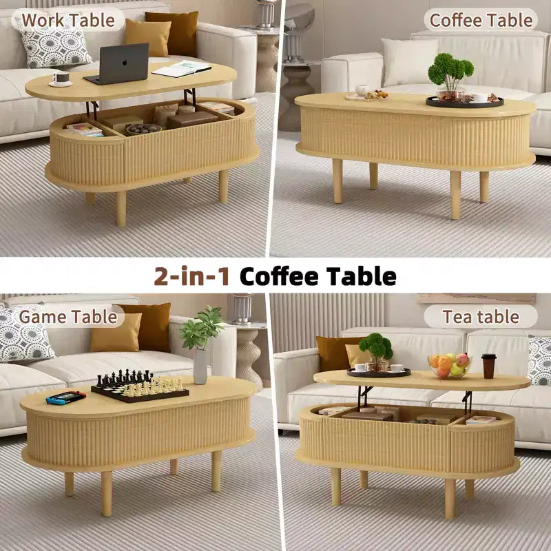 GDFStudio Tova Modern Fluted Lift Top Oval Coffee Table with Hidden Compartment