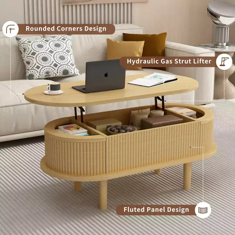GDFStudio Tova Modern Fluted Lift Top Oval Coffee Table with Hidden Compartment