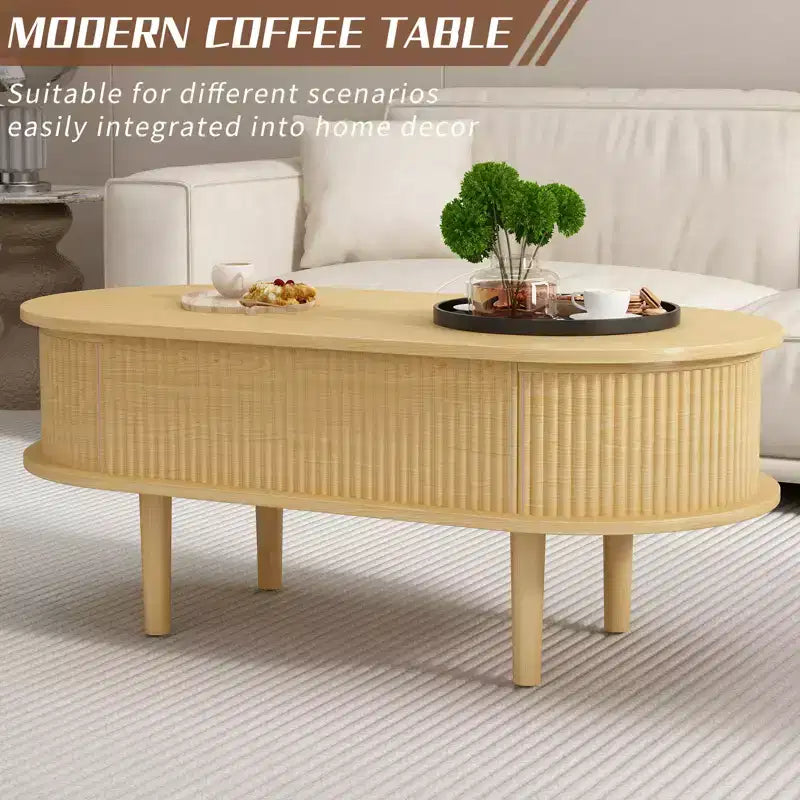 GDFStudio Tova Modern Fluted Lift Top Oval Coffee Table with Hidden Compartment