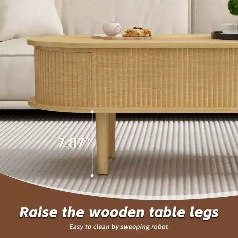 GDFStudio Tova Modern Fluted Lift Top Oval Coffee Table with Hidden Compartment