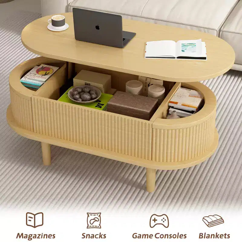 GDFStudio Tova Modern Fluted Lift Top Oval Coffee Table with Hidden Compartment