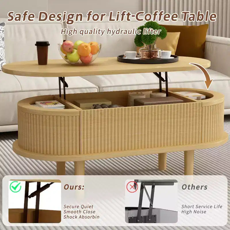 GDFStudio Tova Modern Fluted Lift Top Oval Coffee Table with Hidden Compartment