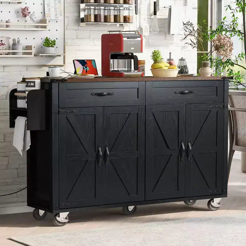 PexFix 53.5 Kitchen Island with Power Outlet Kitchen Storage Island with Drop Leaf&Spice Rack&Drawer for Home Kitchen Dining Room Black