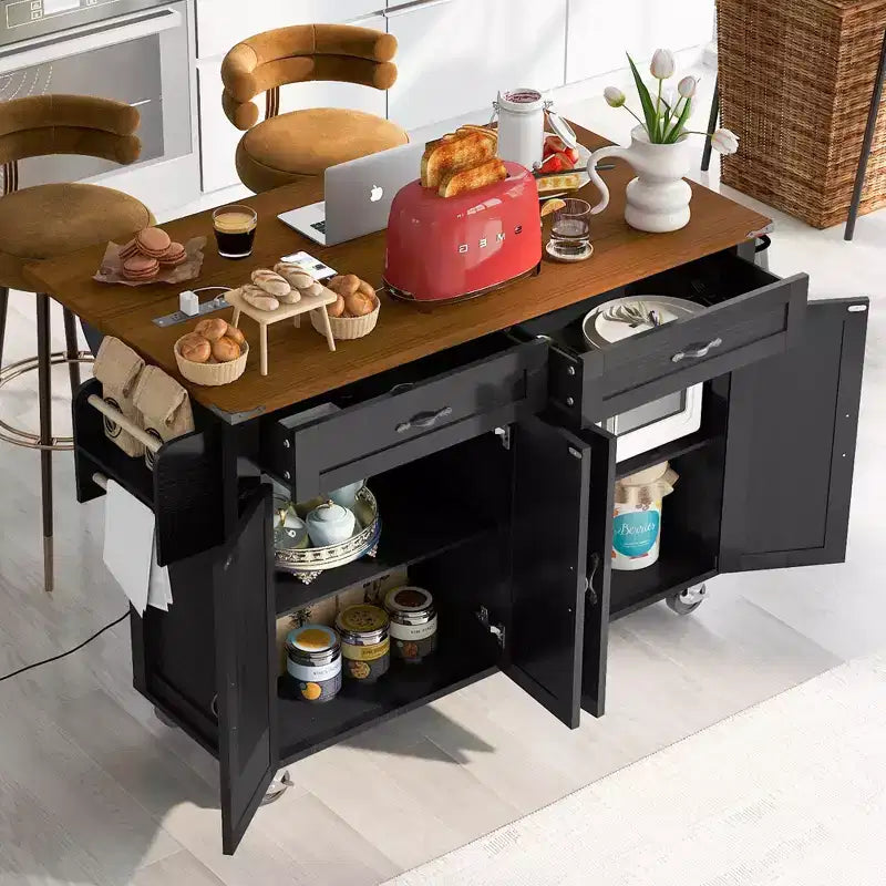 PexFix 53.5 Kitchen Island with Power Outlet Kitchen Storage Island with Drop Leaf&Spice Rack&Drawer for Home Kitchen Dining Room Black