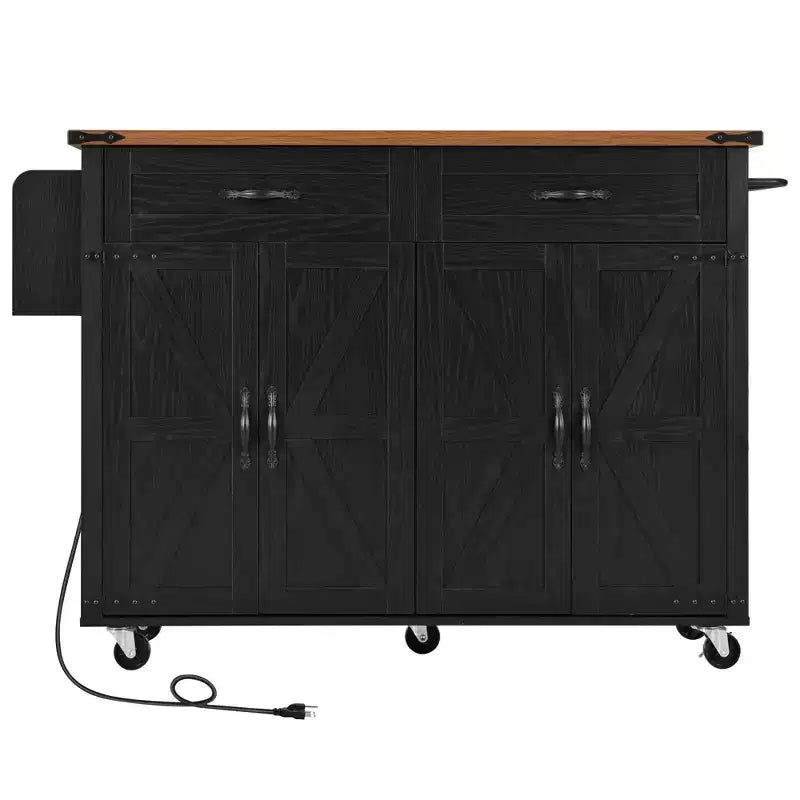 PexFix 53.5 Kitchen Island with Power Outlet Kitchen Storage Island with Drop Leaf&Spice Rack&Drawer for Home Kitchen Dining Room Black