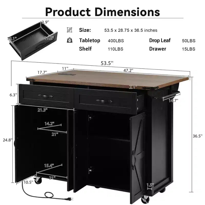 PexFix 53.5 Kitchen Island with Power Outlet Kitchen Storage Island with Drop Leaf&Spice Rack&Drawer for Home Kitchen Dining Room Black