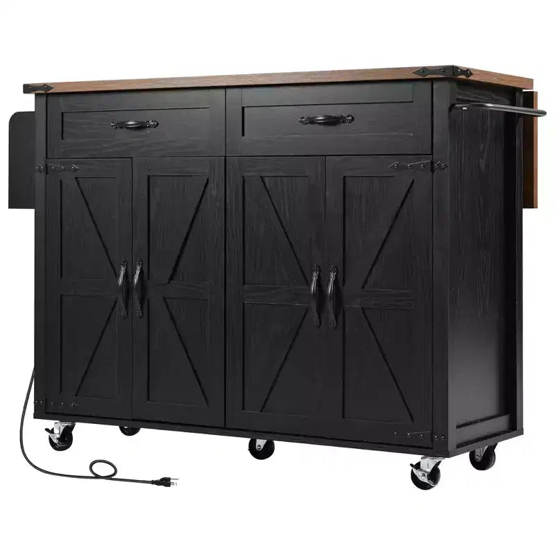 PexFix 53.5 Kitchen Island with Power Outlet Kitchen Storage Island with Drop Leaf&Spice Rack&Drawer for Home Kitchen Dining Room Black