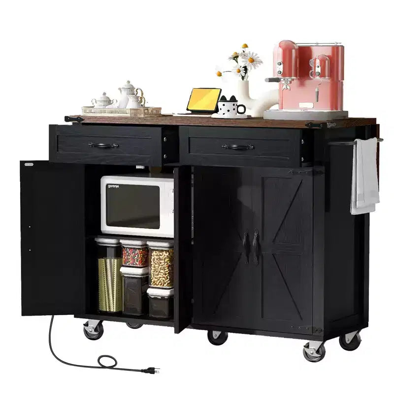 PexFix 53.5 Kitchen Island with Power Outlet Kitchen Storage Island with Drop Leaf&Spice Rack&Drawer for Home Kitchen Dining Room Black