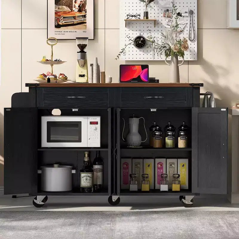 PexFix 53.5 Kitchen Island with Power Outlet Kitchen Storage Island with Drop Leaf&Spice Rack&Drawer for Home Kitchen Dining Room Black