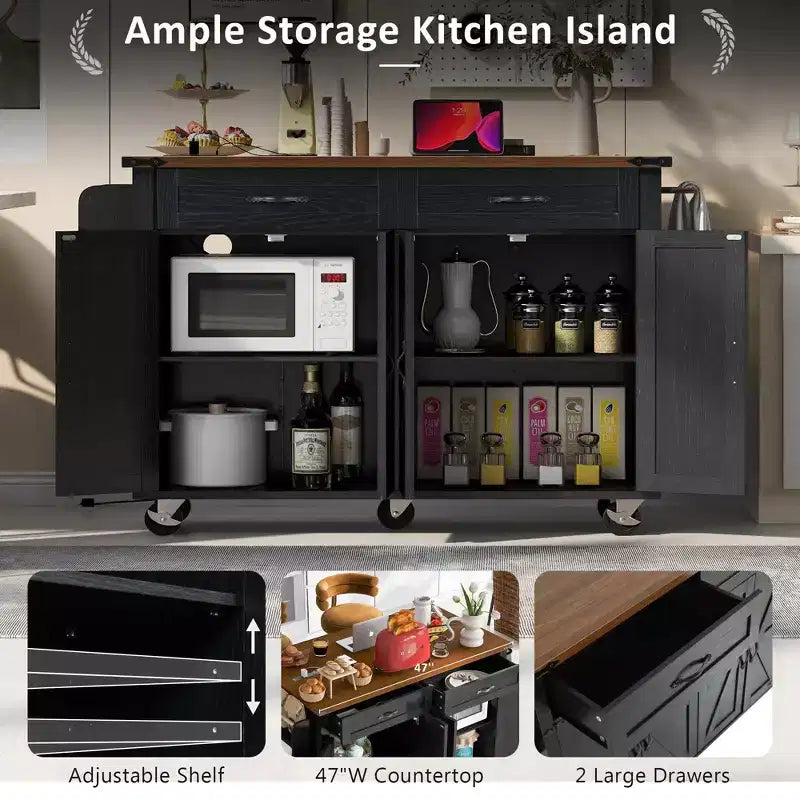 PexFix 53.5 Kitchen Island with Power Outlet Kitchen Storage Island with Drop Leaf&Spice Rack&Drawer for Home Kitchen Dining Room Black