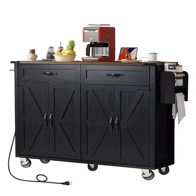 PexFix 53.5 Kitchen Island with Power Outlet Kitchen Storage Island with Drop Leaf&Spice Rack&Drawer for Home Kitchen Dining Room Black