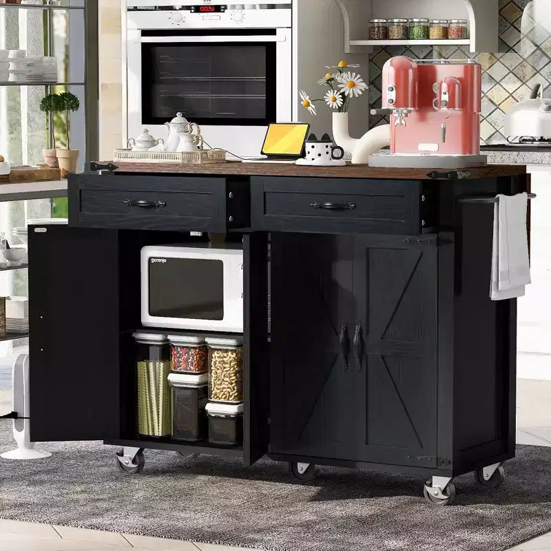PexFix 53.5 Kitchen Island with Power Outlet Kitchen Storage Island with Drop Leaf&Spice Rack&Drawer for Home Kitchen Dining Room Black
