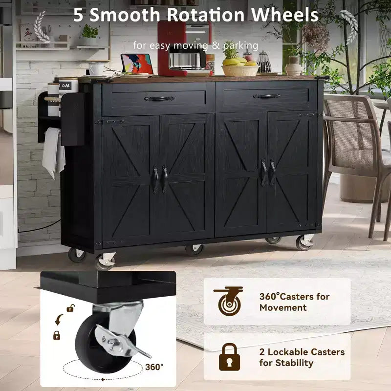 PexFix 53.5 Kitchen Island with Power Outlet Kitchen Storage Island with Drop Leaf&Spice Rack&Drawer for Home Kitchen Dining Room Black