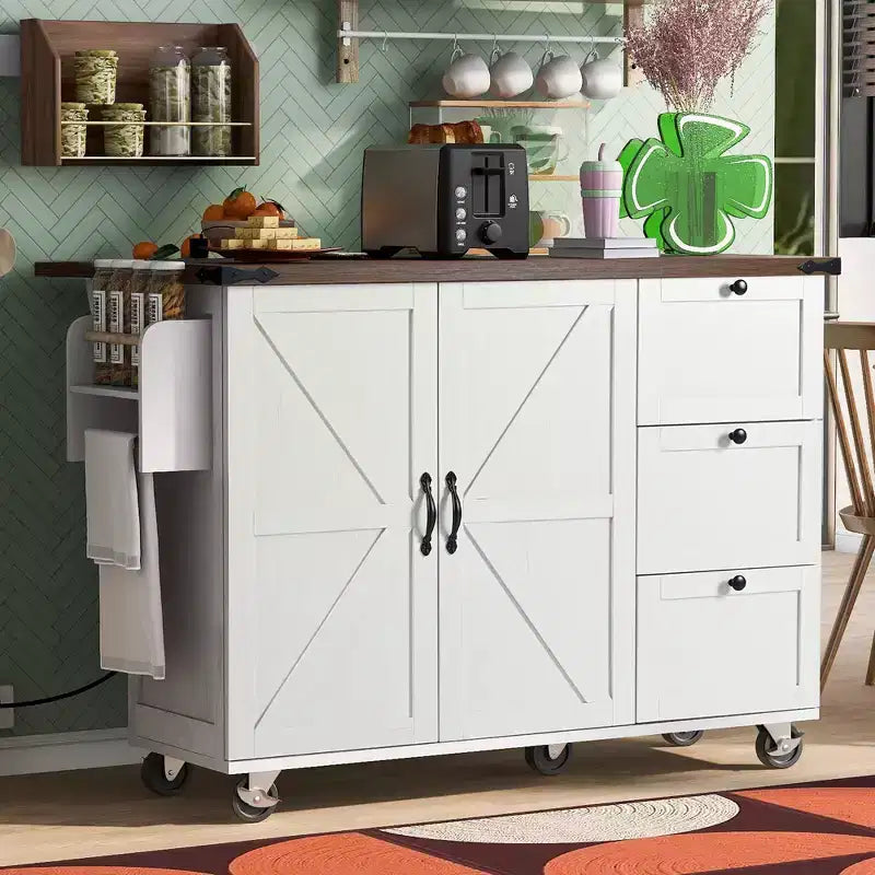Pexfix 54.5 Farmhouse Kitchen Island with Power Outlet & Storage Rack & Drop Leaf & Spice Rack & 3 Drawers for Home Kitchen Dining Room White