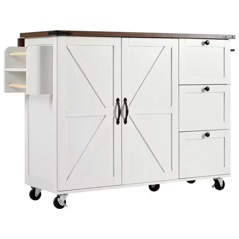 Pexfix 54.5 Farmhouse Kitchen Island with Power Outlet & Storage Rack & Drop Leaf & Spice Rack & 3 Drawers for Home Kitchen Dining Room White
