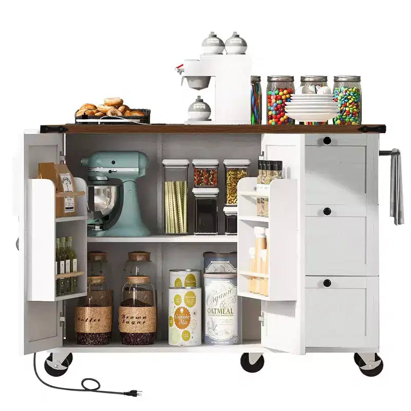 Pexfix 54.5 Farmhouse Kitchen Island with Power Outlet & Storage Rack & Drop Leaf & Spice Rack & 3 Drawers for Home Kitchen Dining Room White