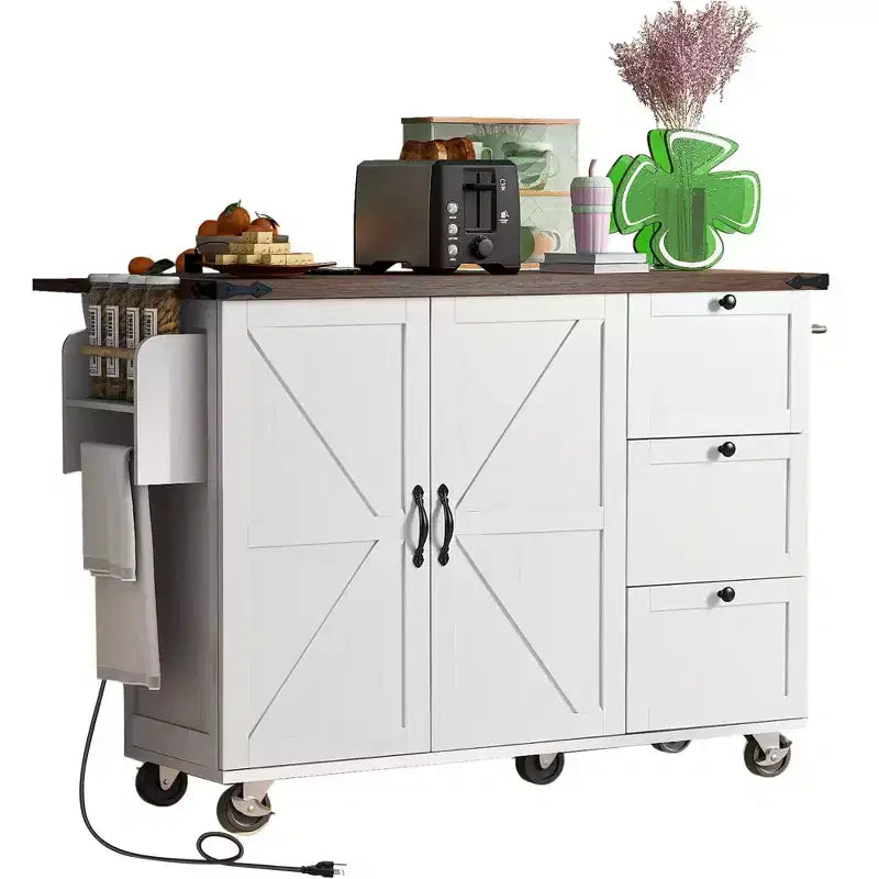 Pexfix 54.5 Farmhouse Kitchen Island with Power Outlet & Storage Rack & Drop Leaf & Spice Rack & 3 Drawers for Home Kitchen Dining Room White