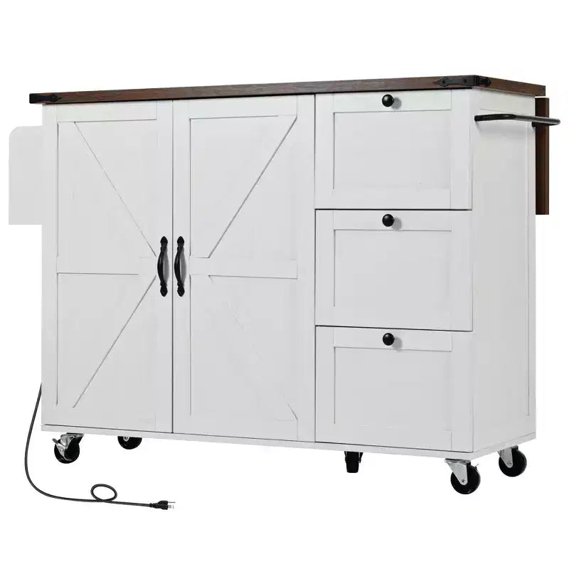 Pexfix 54.5 Farmhouse Kitchen Island with Power Outlet & Storage Rack & Drop Leaf & Spice Rack & 3 Drawers for Home Kitchen Dining Room White
