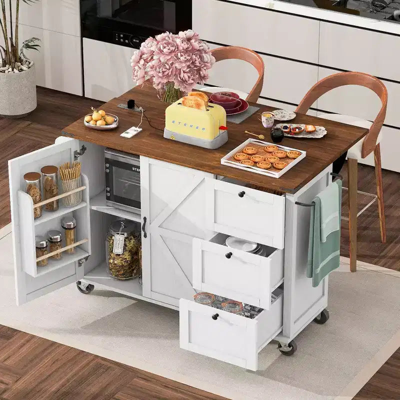 Pexfix 54.5 Farmhouse Kitchen Island with Power Outlet & Storage Rack & Drop Leaf & Spice Rack & 3 Drawers for Home Kitchen Dining Room White