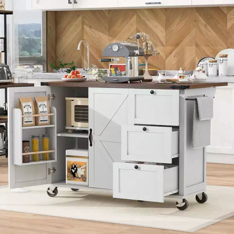 Pexfix 54.5 Farmhouse Kitchen Island with Power Outlet & Storage Rack & Drop Leaf & Spice Rack & 3 Drawers for Home Kitchen Dining Room White