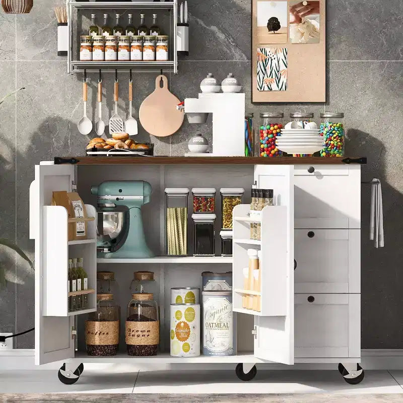 Pexfix 54.5 Farmhouse Kitchen Island with Power Outlet & Storage Rack & Drop Leaf & Spice Rack & 3 Drawers for Home Kitchen Dining Room White