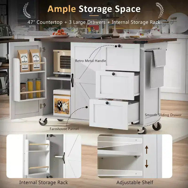 Pexfix 54.5 Farmhouse Kitchen Island with Power Outlet & Storage Rack & Drop Leaf & Spice Rack & 3 Drawers for Home Kitchen Dining Room White