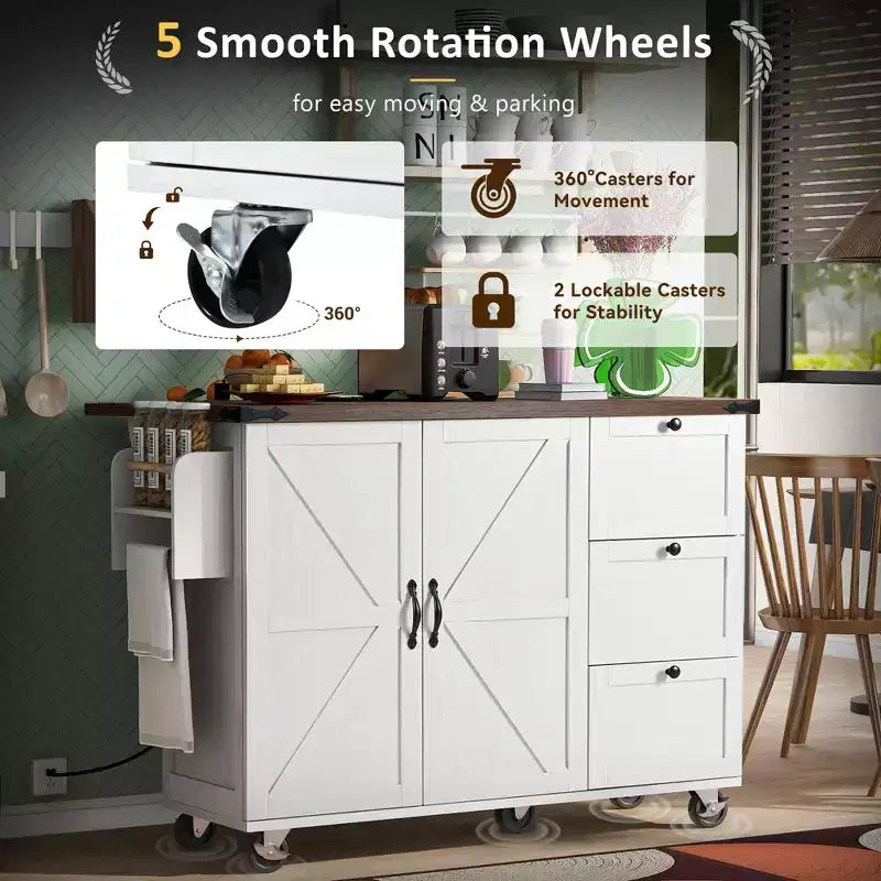 Pexfix 54.5 Farmhouse Kitchen Island with Power Outlet & Storage Rack & Drop Leaf & Spice Rack & 3 Drawers for Home Kitchen Dining Room White