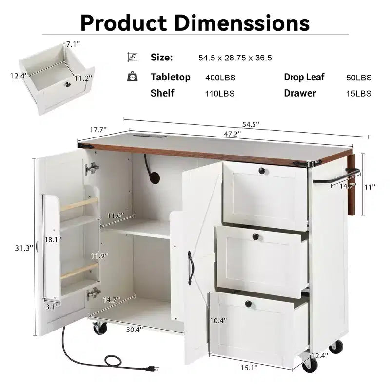 Pexfix 54.5 Farmhouse Kitchen Island with Power Outlet & Storage Rack & Drop Leaf & Spice Rack & 3 Drawers for Home Kitchen Dining Room White