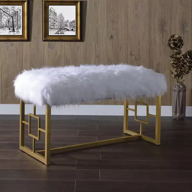 Royal Hampton Style Faux Fur Upholstered Bench with Geometrical Side Panels, White and Gold