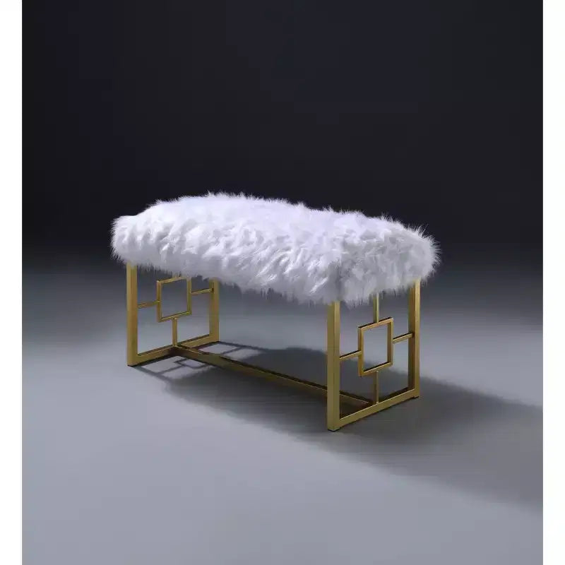 Royal Hampton Style Faux Fur Upholstered Bench with Geometrical Side Panels, White and Gold