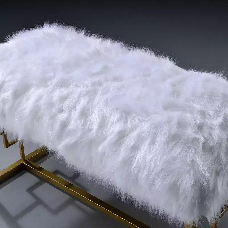 Royal Hampton Style Faux Fur Upholstered Bench with Geometrical Side Panels, White and Gold