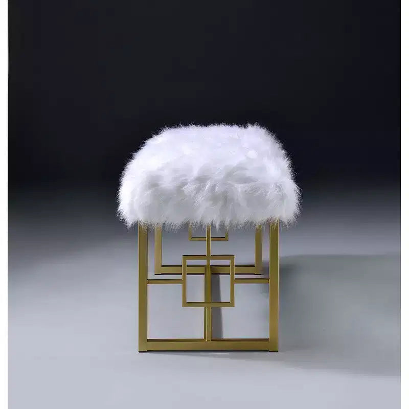 Royal Hampton Style Faux Fur Upholstered Bench with Geometrical Side Panels, White and Gold
