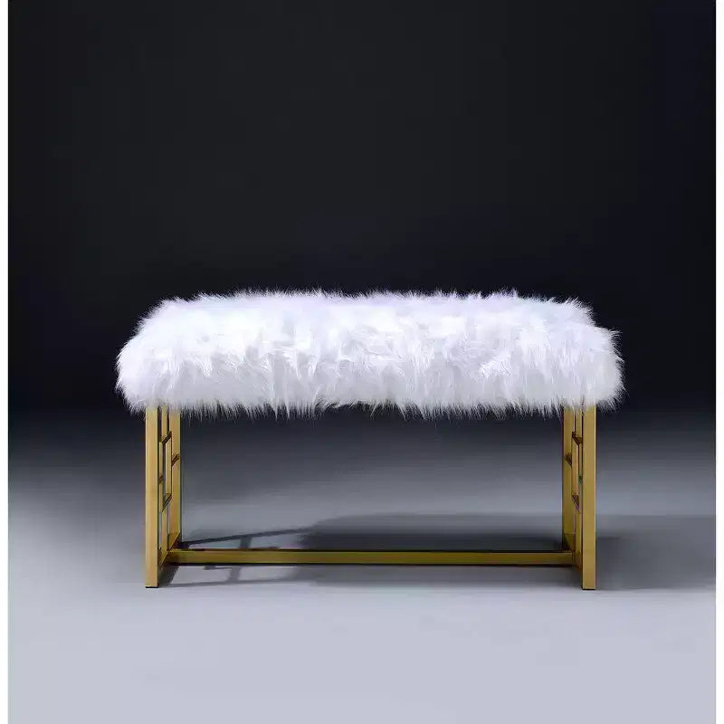 Royal Hampton Style Faux Fur Upholstered Bench with Geometrical Side Panels, White and Gold