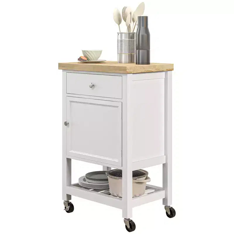 Kitchen Island on Wheels, Rolling Kitchen Cart with Rubberwood Top, Drawer, Wine Rack and Cabinet