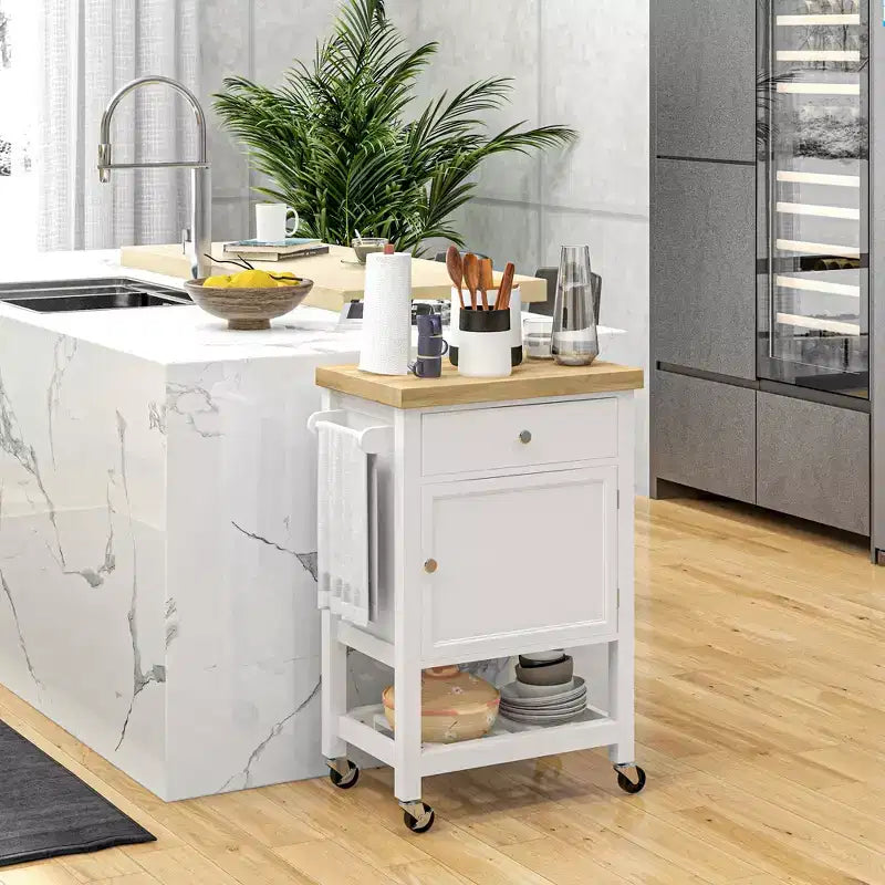Kitchen Island on Wheels, Rolling Kitchen Cart with Rubberwood Top, Drawer, Wine Rack and Cabinet