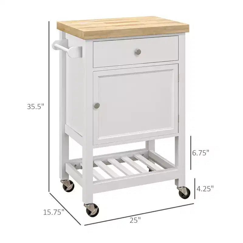 Kitchen Island on Wheels, Rolling Kitchen Cart with Rubberwood Top, Drawer, Wine Rack and Cabinet