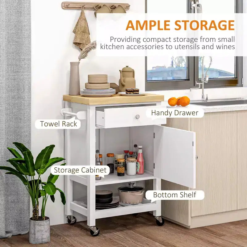 Kitchen Island on Wheels, Rolling Kitchen Cart with Rubberwood Top, Drawer, Wine Rack and Cabinet